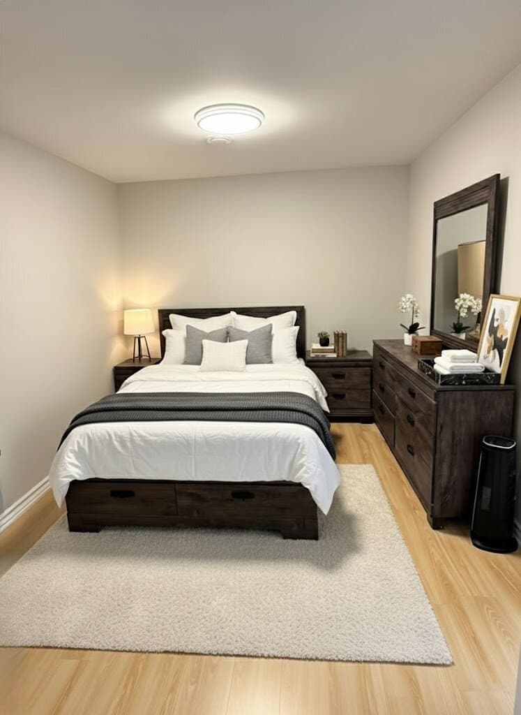 Small finished bedroom with light plank flooring, a queen bed with storage drawers and a dark wood dresser and mirror